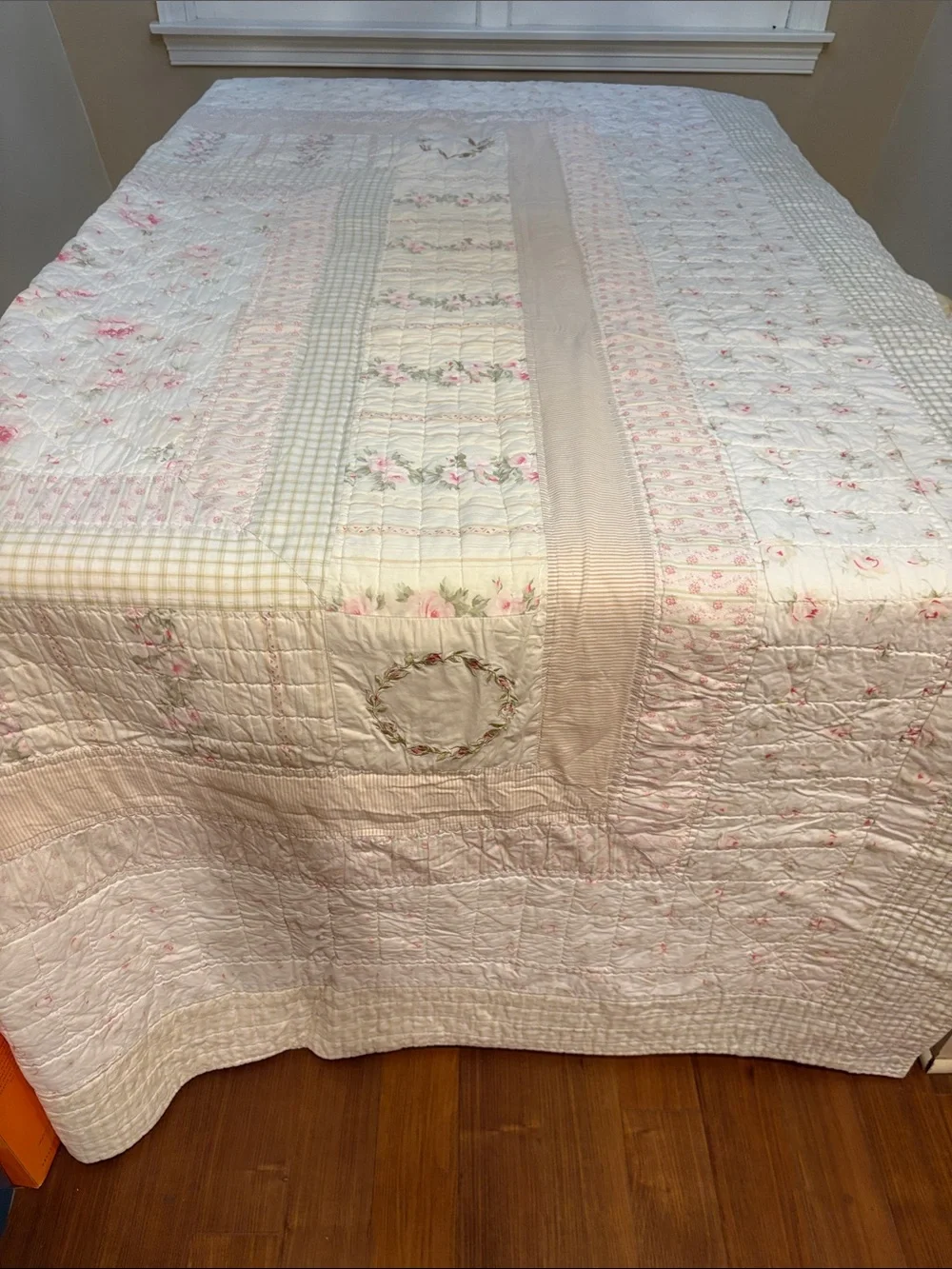 Cream and Pink Floral Patchwork Hand stitched  Quilt